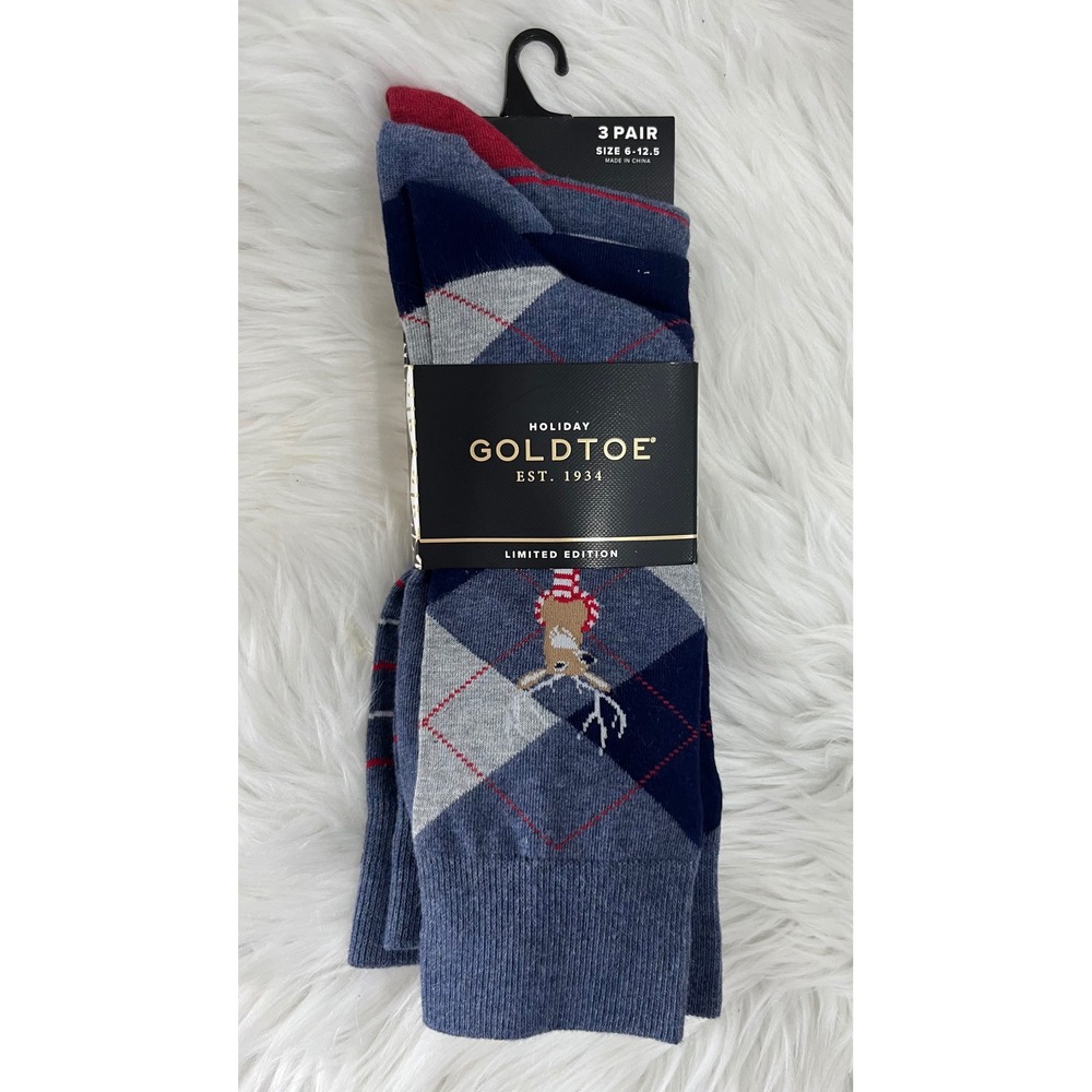 Goldtoe Men's Holiday Socks 3 Pair Argyle Reindeer Size 6-12.5 New